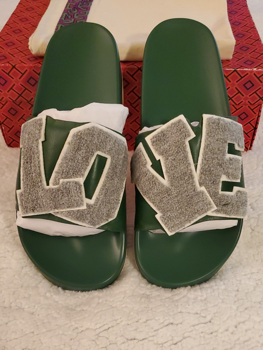 NWB Tory Burch Tory Sport "LOVE" Slides-SZ 9-in Shady Willow/Heather Gray